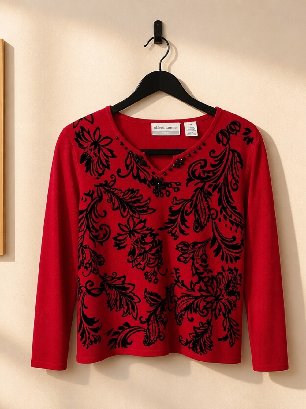 Alfred Dunner Red V-Neck Sweater with Black Velvet Floral Motif